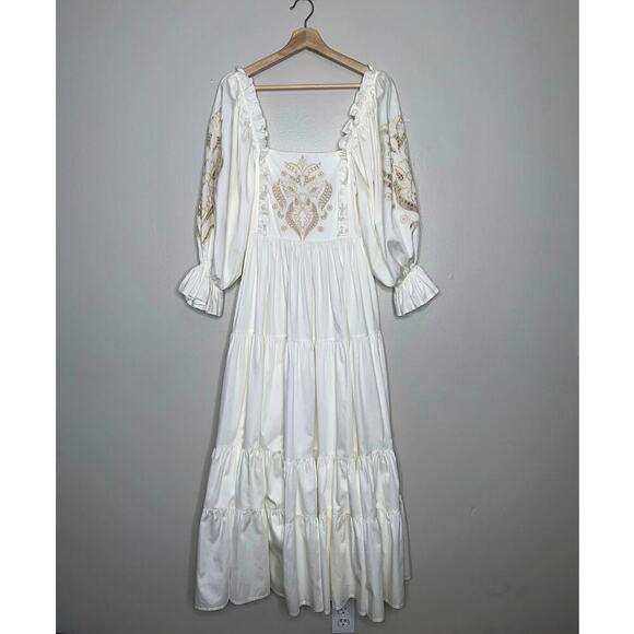 Lug Von Siga Daphne Embroidered Puff Sleeve Maxi Dress Off-White Size 34 FR/US 2 - Picture 4 of 12